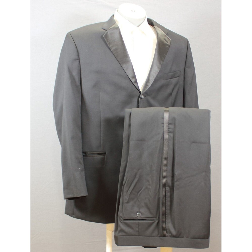 Calvin Klein 2 Piece Tuxedo Suit Mens Black Wool3 Btn 46L Flat Frons 36" W